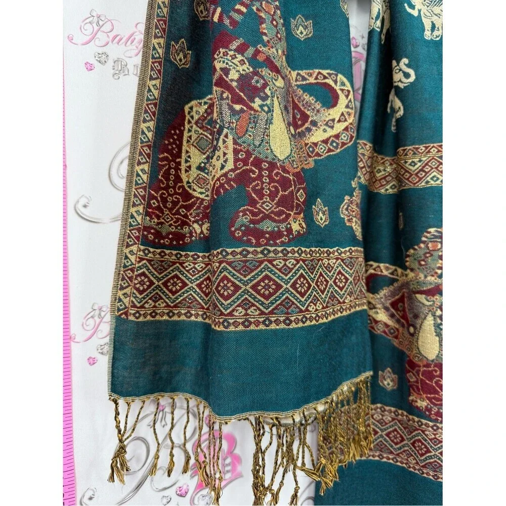 Scarf tassel Teal Elephant Pattern Pashmina Scarf
